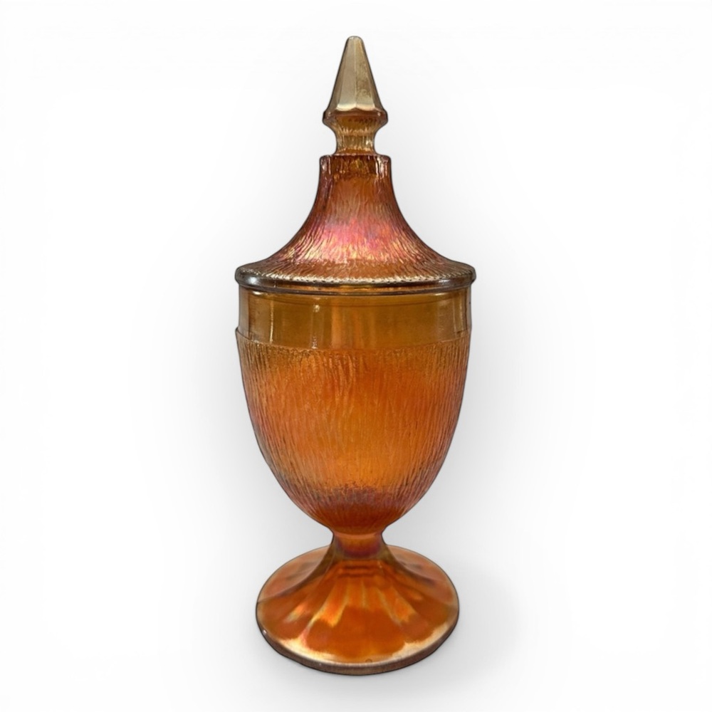 Jeannette Glass Marigold Tree Bark Pedestal lidded Apothecary Jar Carnival